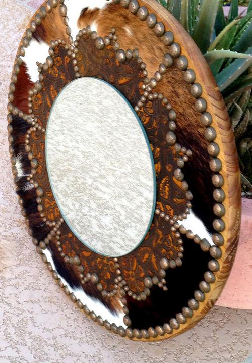 A Fancy Western Round Mirror In Cowhide & Embossed Leather You Choose ...
